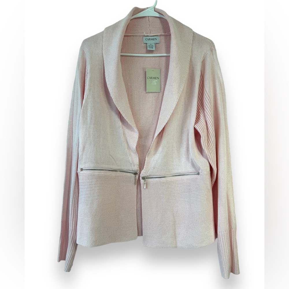 CARMEN MARC VALVO NWT Women’s Light Pink Sweater Cardigan XL Zipper Faux Pocket